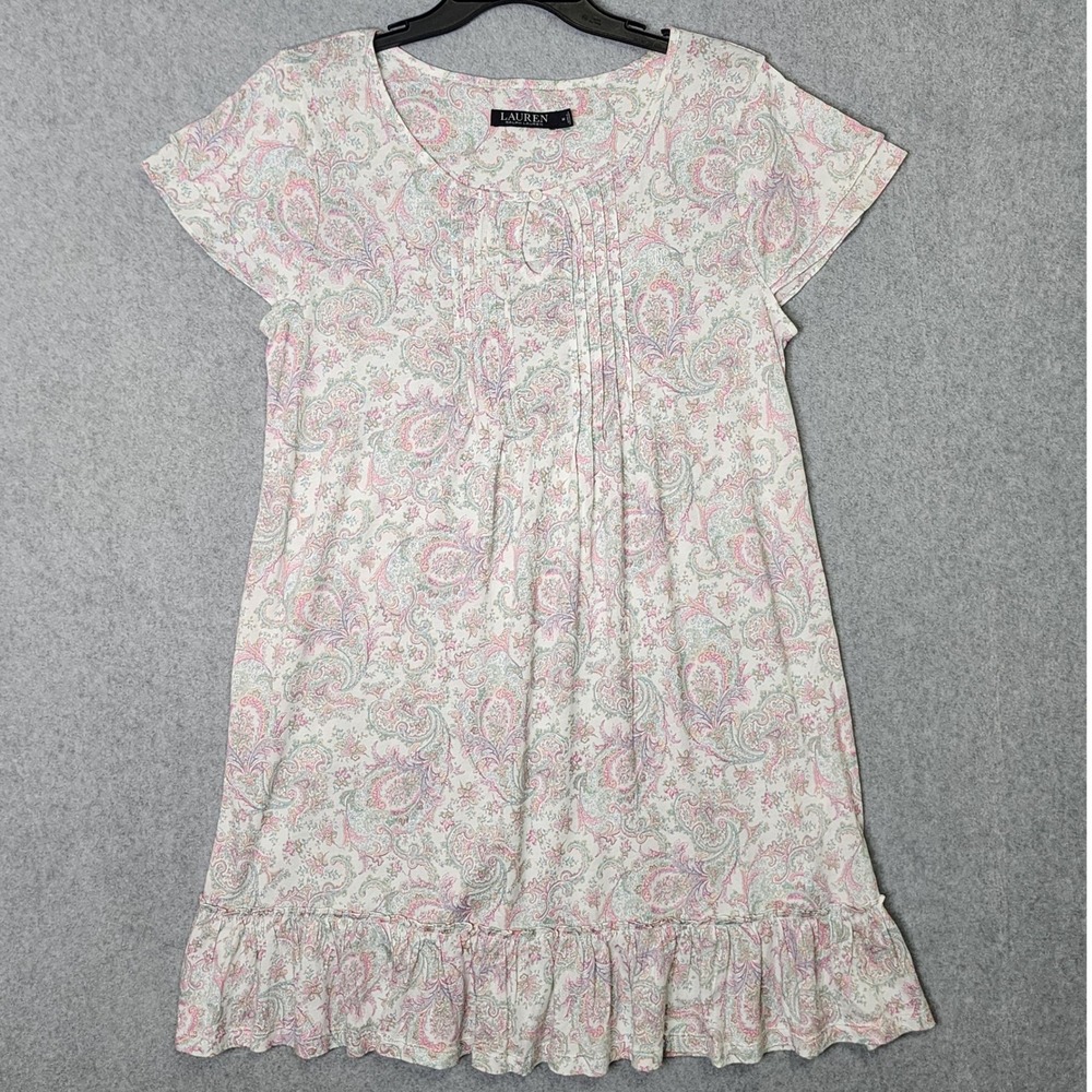 Lauren Ralph Lauren Nightgown Womens M White Paisley Short Sleeve Ruffle Pintuck